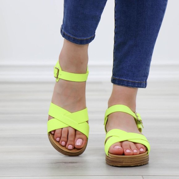 Neon Green Strappy Comfort Sandals Faux Nubuck - Picture 8 of 13